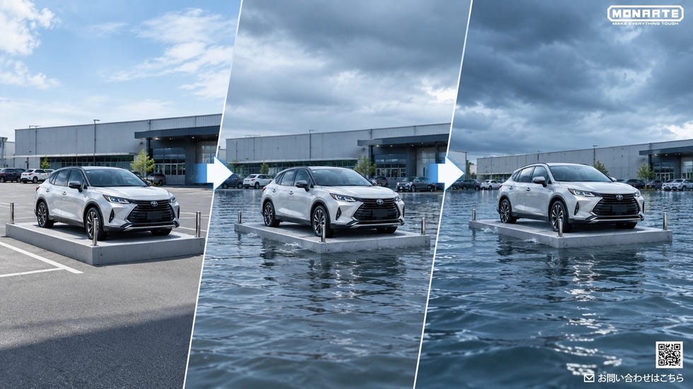 Silver SUV on a floating platform in water, with a background of a commercial building and cloudy sky.